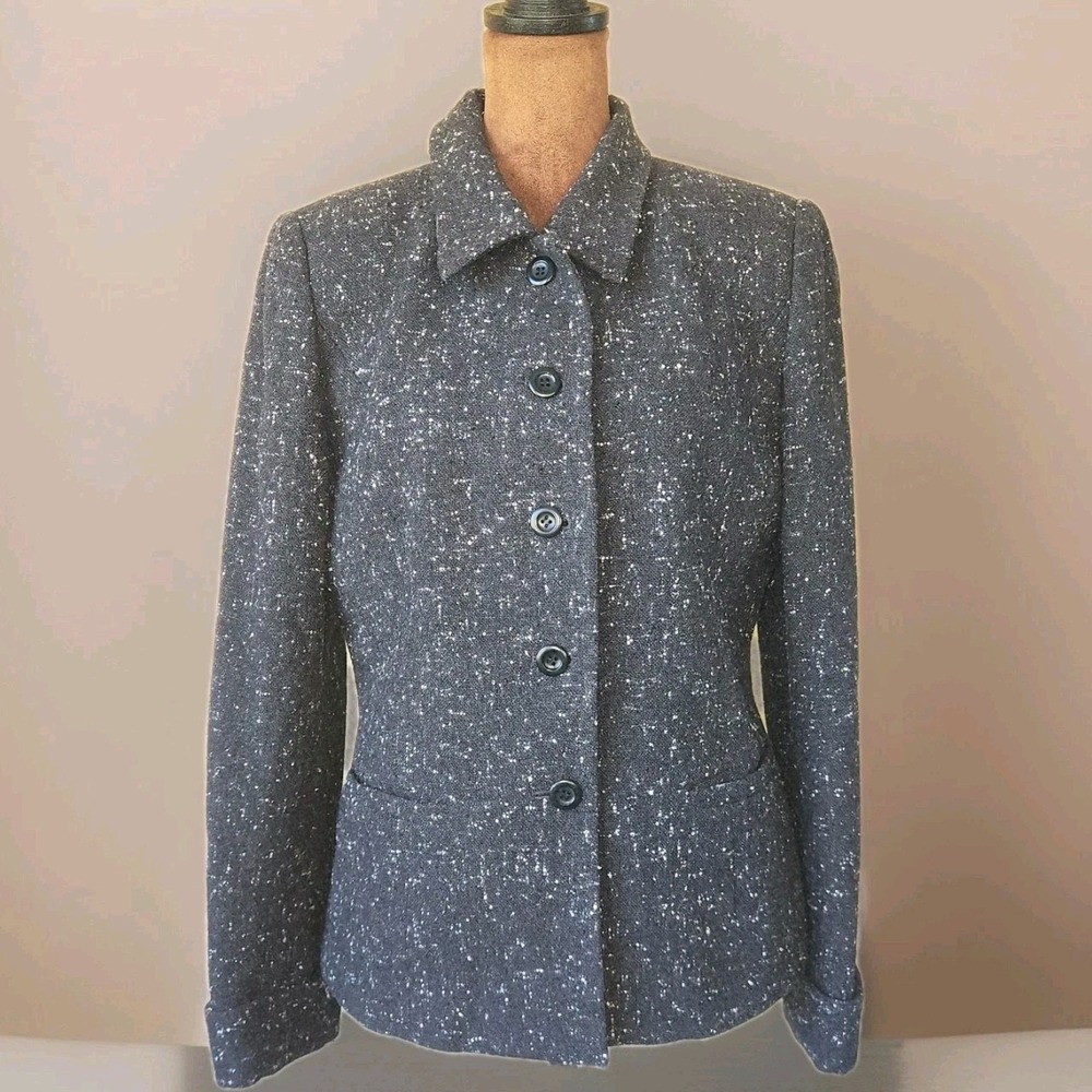 Liz Claiborne Collection Gray Speckled Jacket Size 8 Petite Wool Blend Button Up